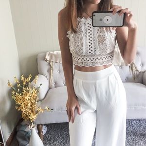 2 Piece set White Crochet Detail Wide Leg Chiffon Set